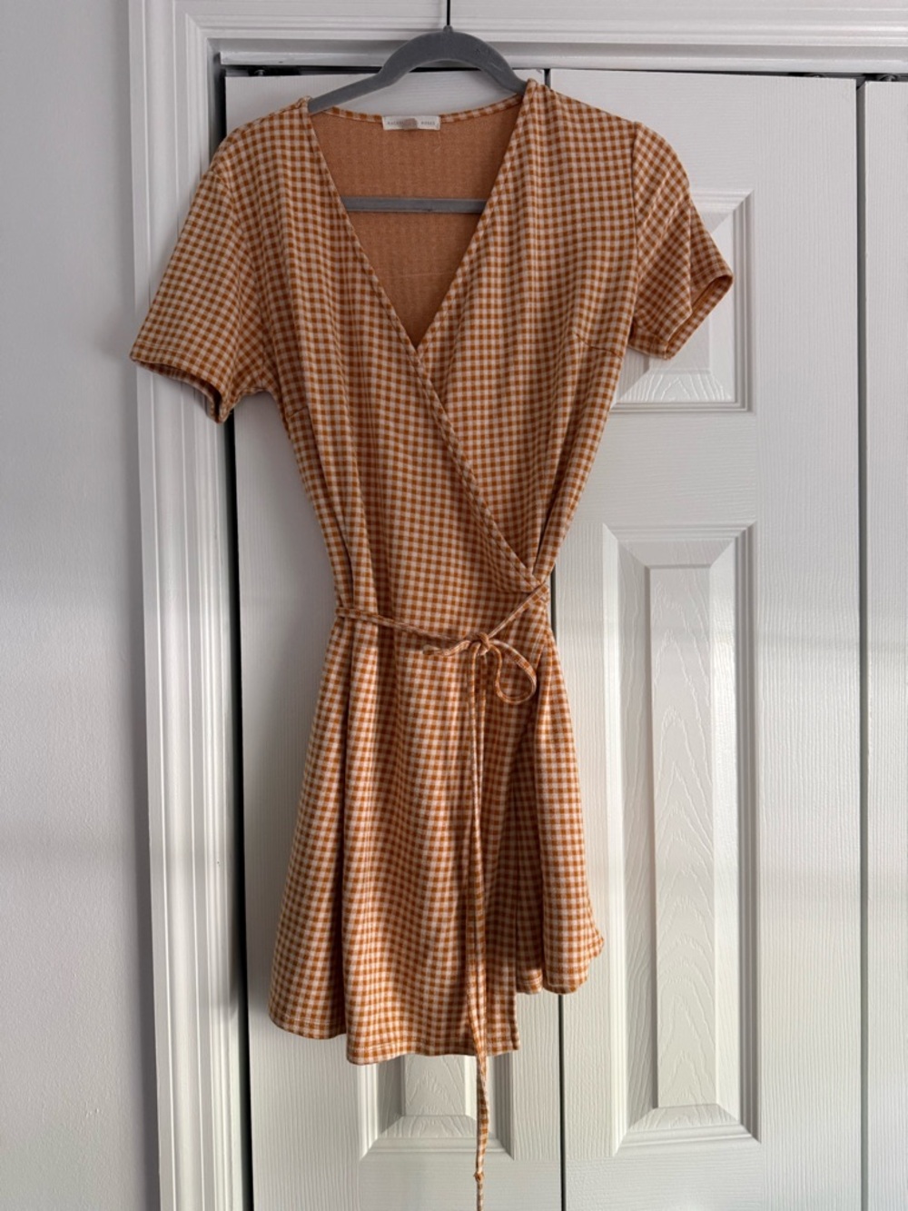 Gingham Wrap Mini Dress in Tan